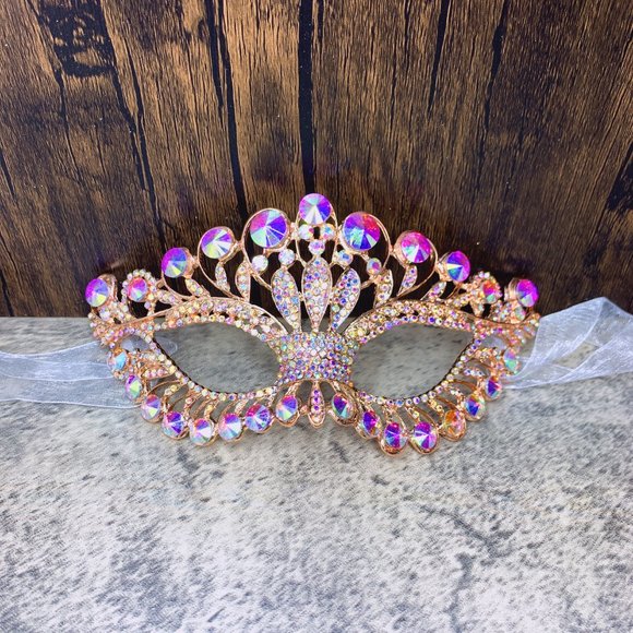 Gold Masquerade Mask, Crystal Mask Rhinestone, Venetian, Party, Mardi Gras, Gift - Picture 4 of 4